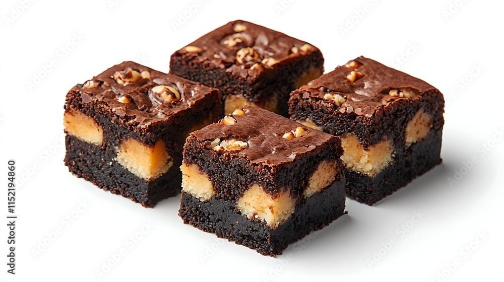 Four delicious chocolate brownies with caramel filling and nuts, isolated on white background. Four delicious chocolate brownies with caramel filling and nuts, isolated on white background.