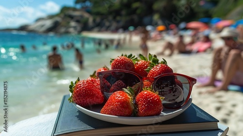 Strawberries and Sunglasses on Picturesque Coastal Backdrop