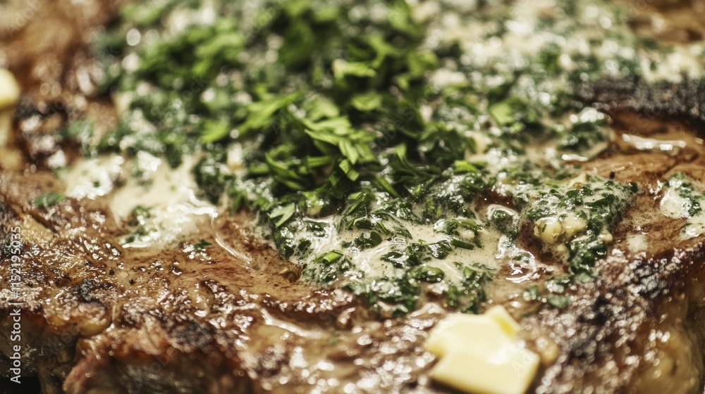 Grilled ribeye steak topped with creamy garlic sauce, garnished with fresh parsley, served with a buttery side on a plate, highlighting tender texture and gourmet presentation. Grilled ribeye steak topped with creamy garlic sauce, garnished with fresh parsley, served with a buttery side on a plate, highlighting tender texture and gourmet presentation.