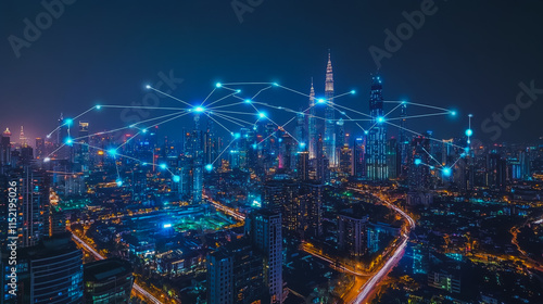 Wallpaper Mural Smart digital city with connection cyber security network reciprocity over the cityscape . future smart wireless digital city and social media networking systems that connects people within the city Torontodigital.ca