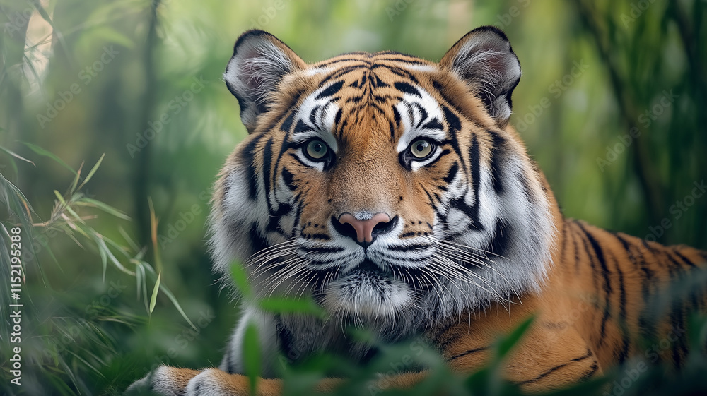 Fototapeta premium Majestic tiger resting in lush green foliage, captivating gaze