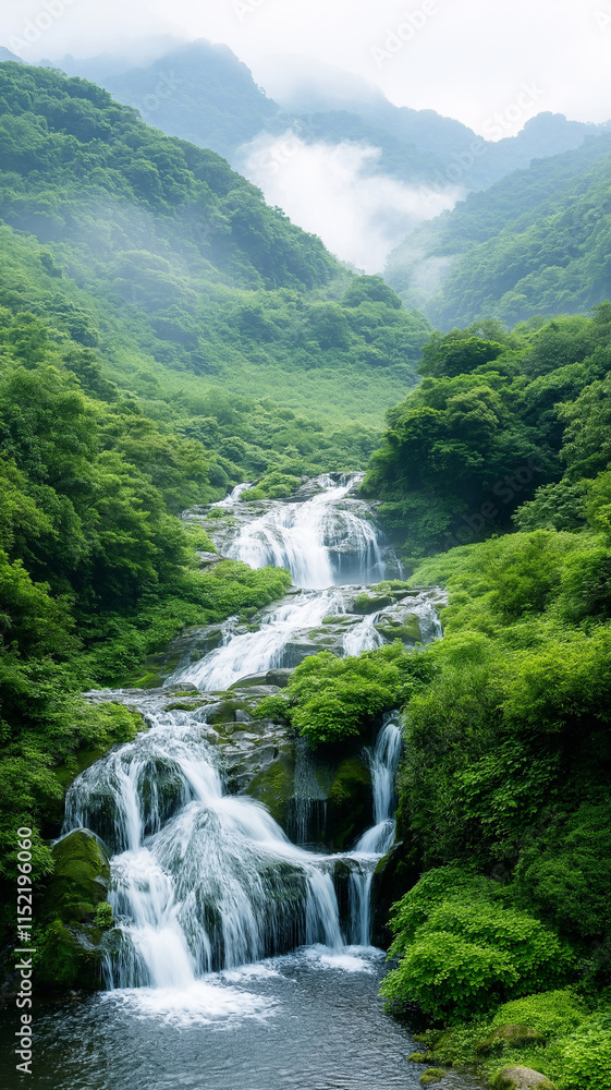 Breathtaking waterfall cascading through lush green mountains Breathtaking waterfall cascading through lush green mountains
