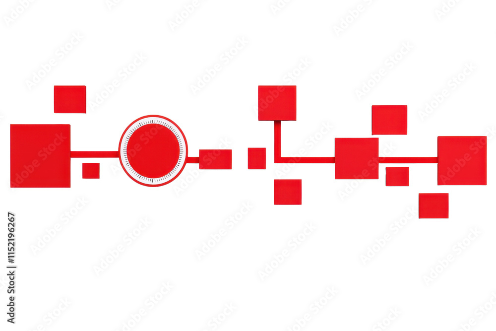 Obraz premium A series of red geometric shapes, including squares and a central circle, interconnected by lines against a dark backdrop.