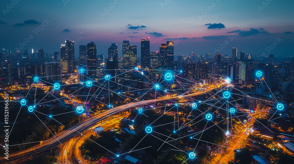 Fototapeta premium Smart digital city with connection cyber security network reciprocity over the cityscape . future smart wireless digital city and social media networking systems that connects people within the city