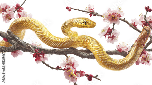 A golden snake slithering through plum blossoms, isolated on white  photo