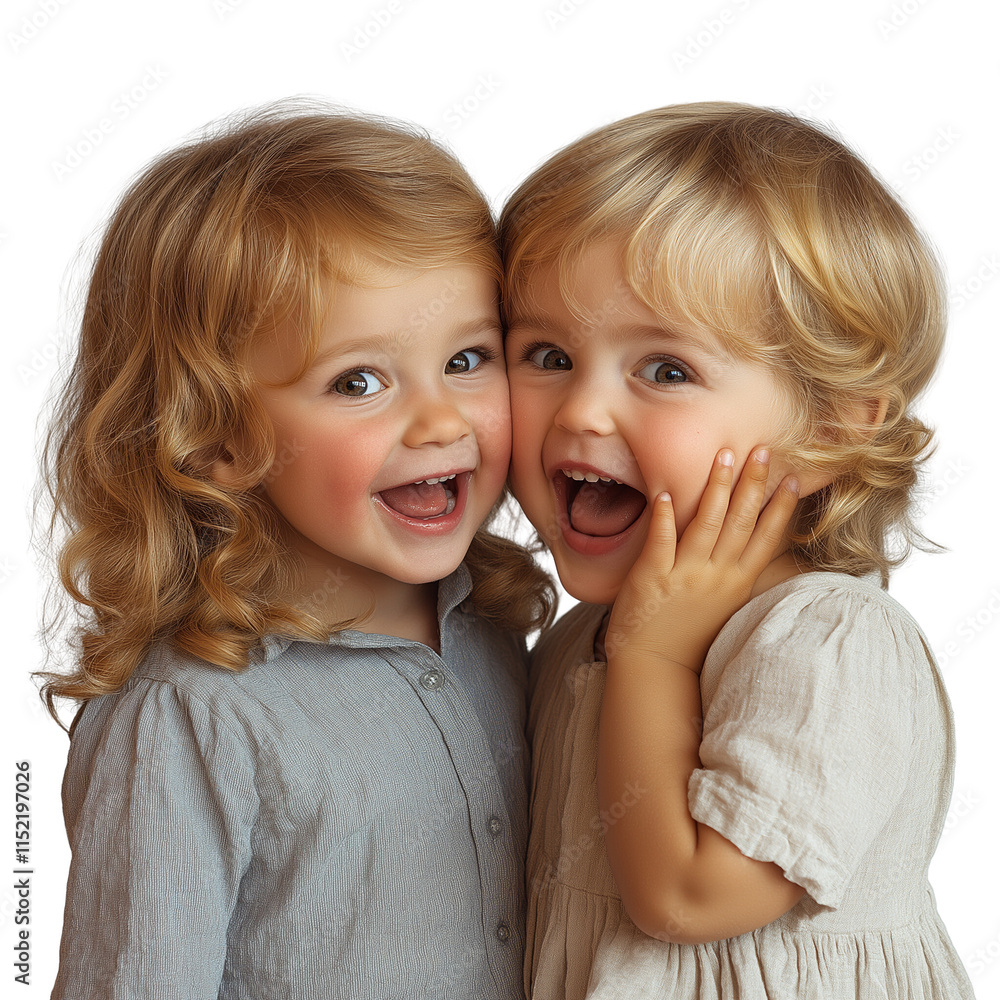 Twin Toddler Joy: A portrait of two adorable toddlers, sisters, wearing cute dresses, with wide, joyful smiles, capturing the innocence and pure happiness of childhood. Twin Toddler Joy: A portrait of two adorable toddlers, sisters, wearing cute dresses, with wide, joyful smiles, capturing the innocence and pure happiness of childhood.