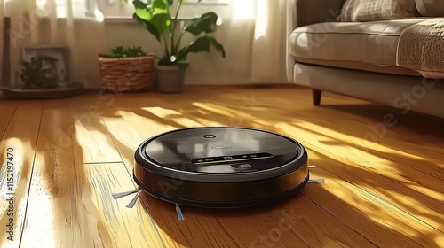 Photo of a Roomba X50 robot vacuum cleaner in action on a wooden floor, with a living room background.  photo