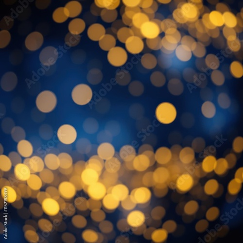 Bokeh lights, golden orbs, blurred circles, night sky background, dreamy atmosphere, soft focus, warm glow, abstract photography, festive illumination, deep blue and amber color palette, magical ambia photo