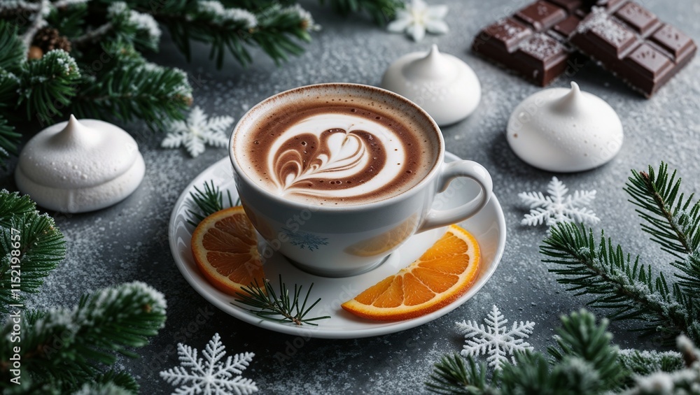 A beautifully designed cup of coffee with chocolate and meringue beside orange slices and pine branches A beautifully designed cup of coffee with chocolate and meringue beside orange slices and pine branches
