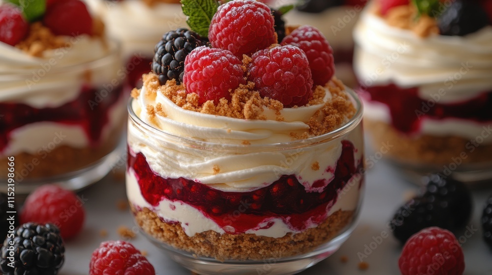 Layered berry cheesecake parfaits in glasses with crushed graham crackers, creamy cheesecake filling, and fresh raspberries, blackberries, and mint leaves, perfect for a no-bake dessert. Layered berry cheesecake parfaits in glasses with crushed graham crackers, creamy cheesecake filling, and fresh raspberries, blackberries, and mint leaves, perfect for a no-bake dessert.