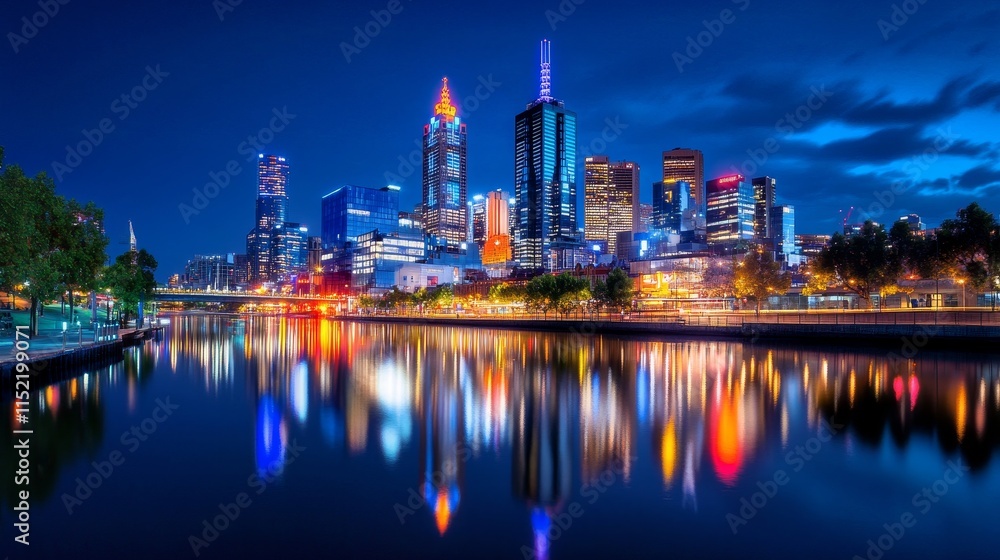 Vibrant City Skyline Reflection at Night - Night cityscape, urban scene, river reflection, city lights, modern architecture. Symbolizing progress, beauty, reflection, modernity, and urban life. Vibrant City Skyline Reflection at Night - Night cityscape, urban scene, river reflection, city lights, modern architecture. Symbolizing progress, beauty, reflection, modernity, and urban life.