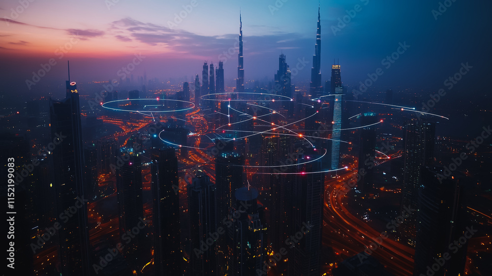 Smart digital city with connection cyber security network reciprocity over the cityscape . future smart wireless digital city and social media networking systems that connects people within the city Smart digital city with connection cyber security network reciprocity over the cityscape . future smart wireless digital city and social media networking systems that connects people within the city