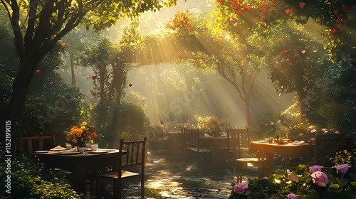 A serene forest cafe with Valentine's breakfast, sunlight streaming through trees, rustic tables with floral arrangements and birds chirping softly photo