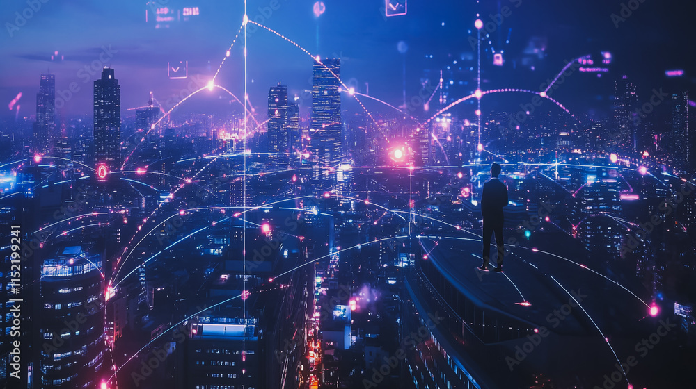 Fototapeta premium Smart digital city with connection cyber security network reciprocity over the cityscape . future smart wireless digital city and social media networking systems that connects people within the city