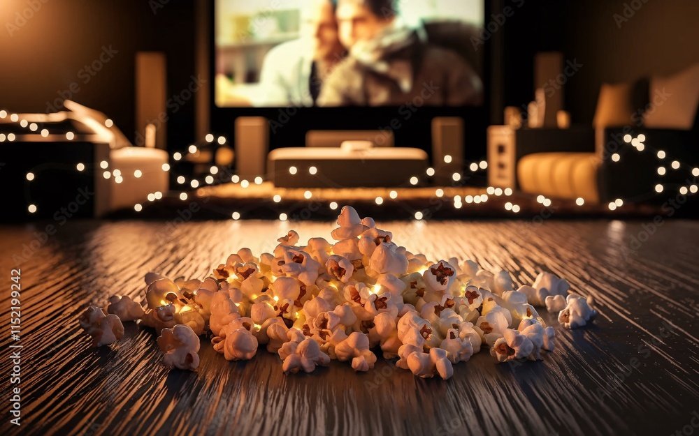 Popcorn in front of home theater screen. Popcorn in front of home theater screen.