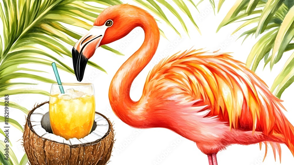 Obraz premium Adorable Watercolor Flamingo with Tropical Drink in Coconut Shell