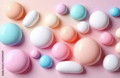 Colorful pastel spheres on soft background with shadows and highlights