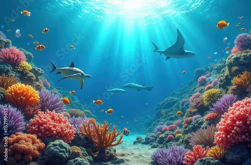 Wallpaper Mural underwater scene featuring a group of stingrays gliding gracefully through a vibrant coral reef

 Torontodigital.ca