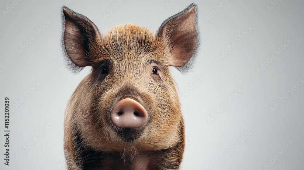 Wild Boar Portrait Against White Background - A curious wild boar stares directly at the camera, symbolizing nature, strength, resilience, farm animals, and rural life. Wild Boar Portrait Against White Background - A curious wild boar stares directly at the camera, symbolizing nature, strength, resilience, farm animals, and rural life.