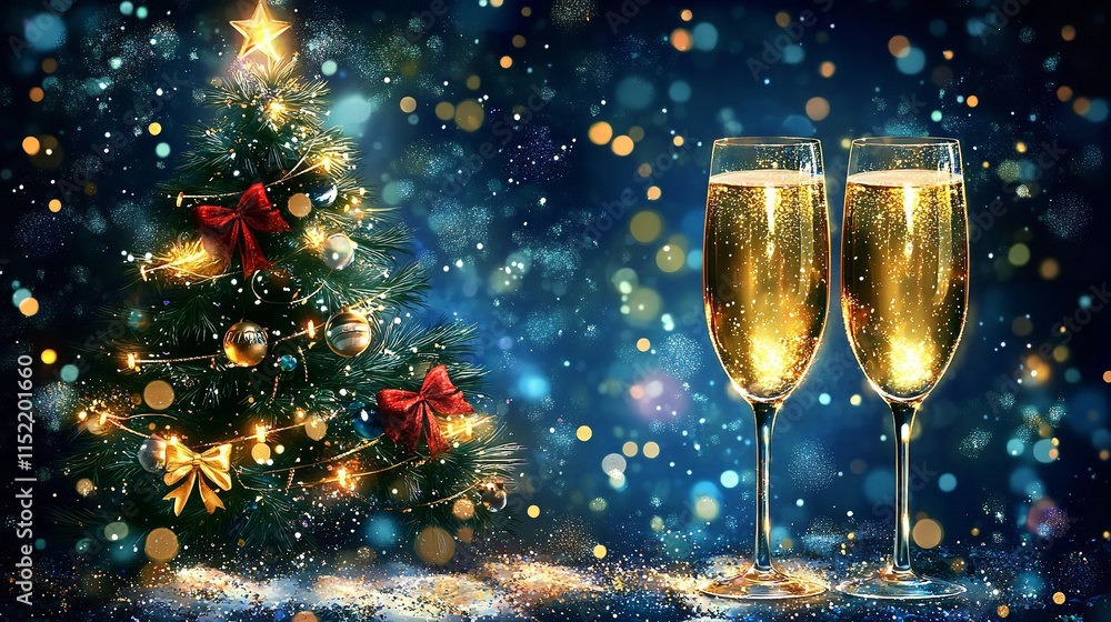 Banner for celebration. Two champagne glasses against a dark blue backdrop including a lit Christmas tree bokeh. Generative Ai Banner for celebration. Two champagne glasses against a dark blue backdrop including a lit Christmas tree bokeh. Generative Ai