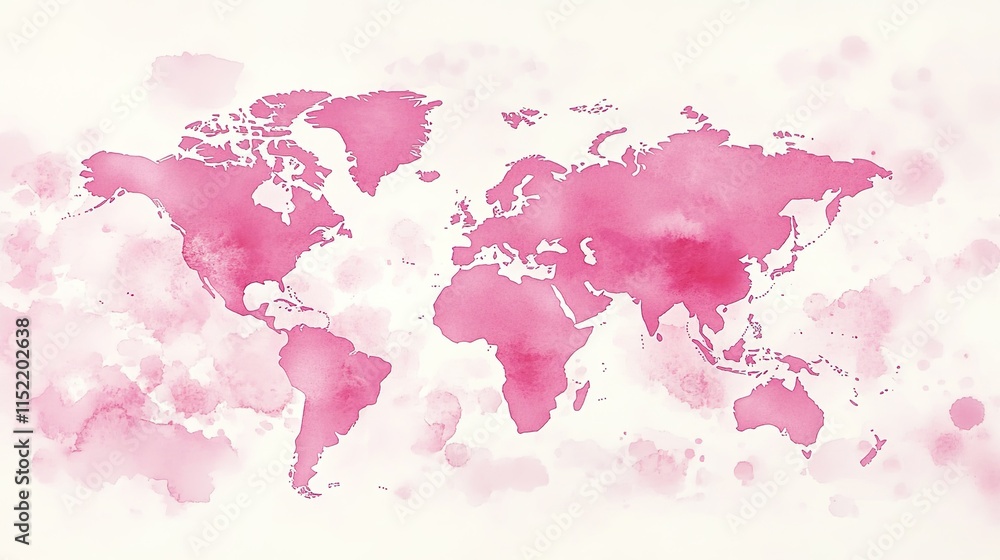 Obraz premium A world map made of pink watercolor, on a white background, with soft colors