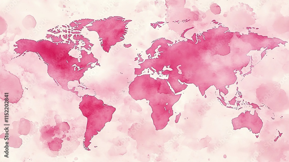 Obraz premium A world map made of pink watercolor, on a white background, with soft colors