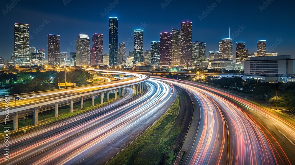 Naklejka premium Vibrant city skyline at night with light trails of traffic on a busy highway.