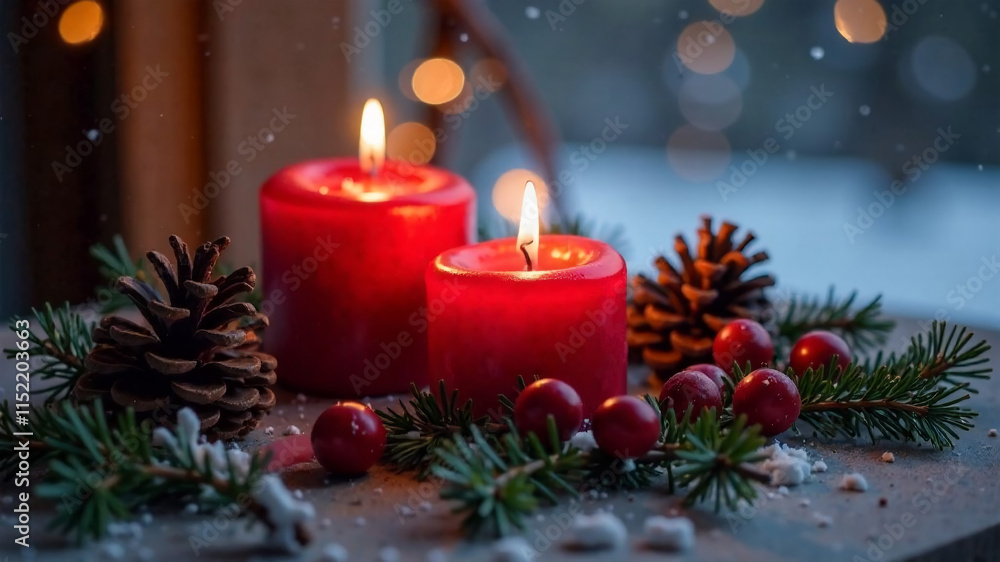 Christmas decoration with burning candles and fir branches on the windowsill. Christmas decoration with burning candles and fir branches on the windowsill.