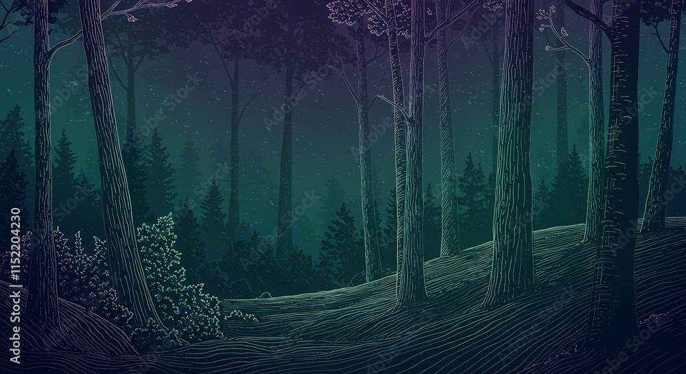 Obraz premium Abstract Line Art of Trees & Forest, Wooded Nature Outdoor Landscape, Modern Art, Messy Colorful Design