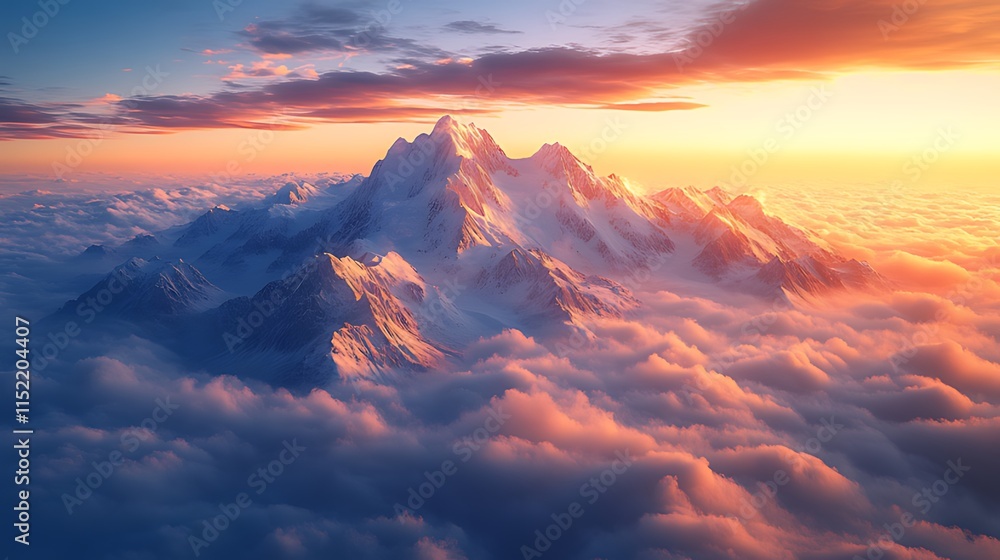 Majestic snow-capped mountain peak above a sea of clouds at sunset. Majestic snow-capped mountain peak above a sea of clouds at sunset.