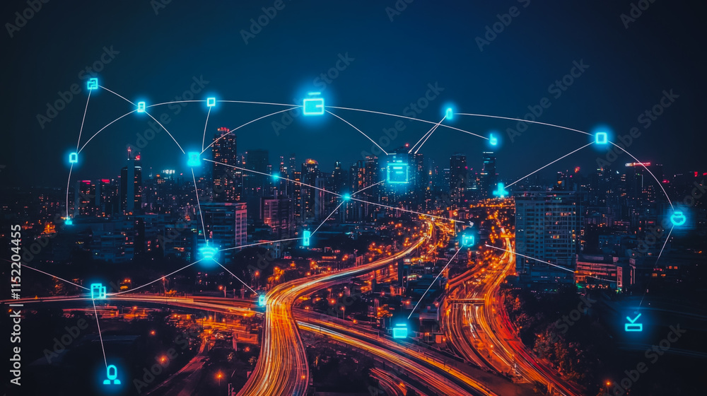 Naklejka premium Smart digital city with connection cyber security network reciprocity over the cityscape . future smart wireless digital city and social media networking systems that connects people within the city