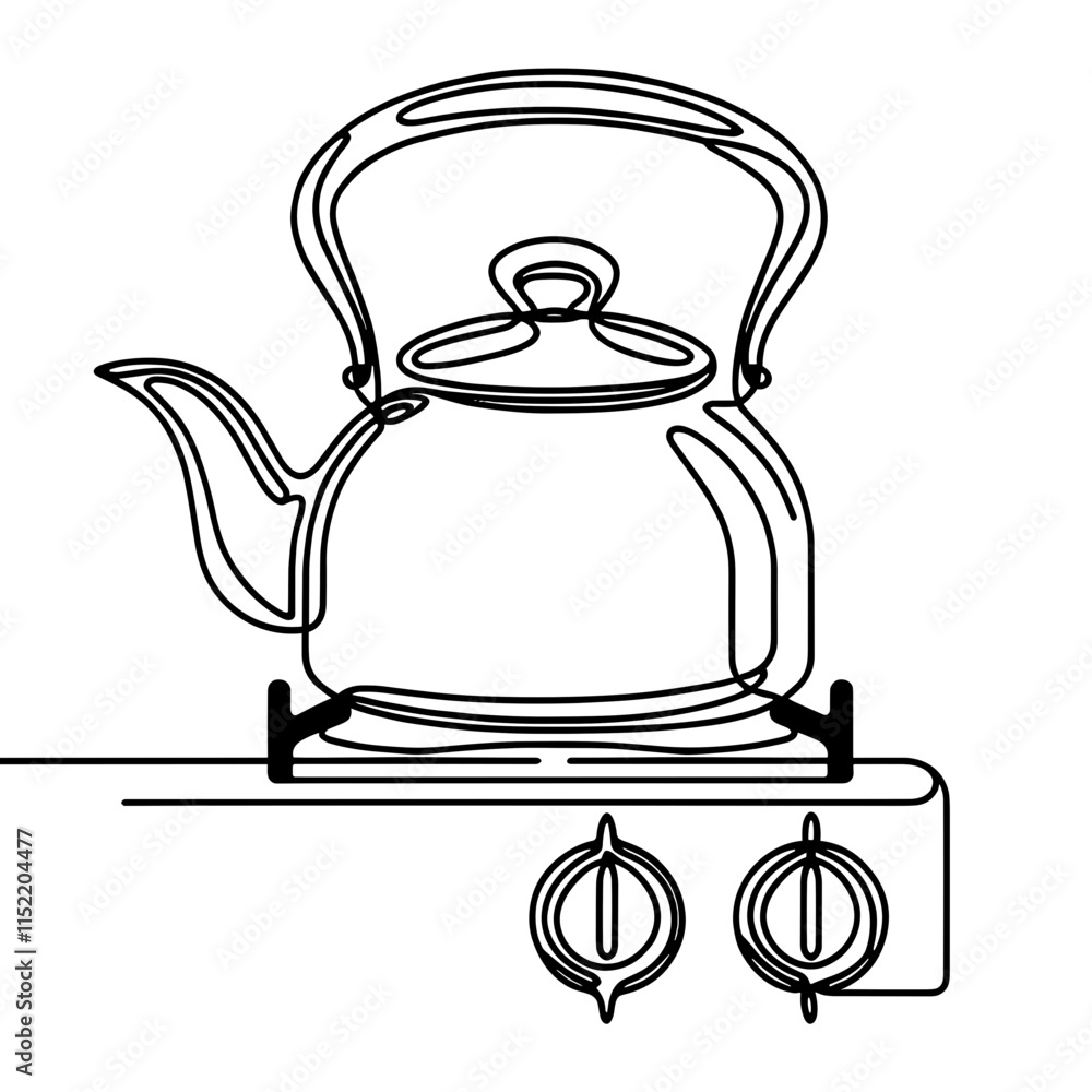 Obraz premium Minimalist kettle on stove line drawing on white background.
