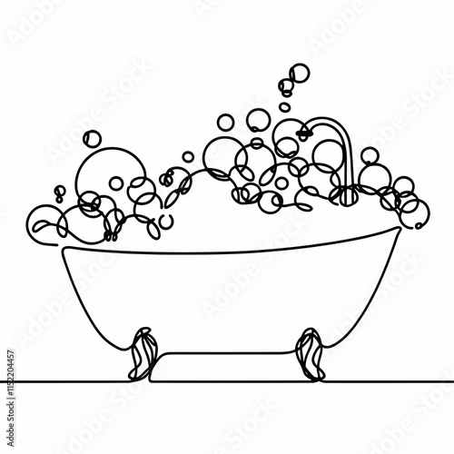 Minimalist bathtub with bubbles line drawing on white background.