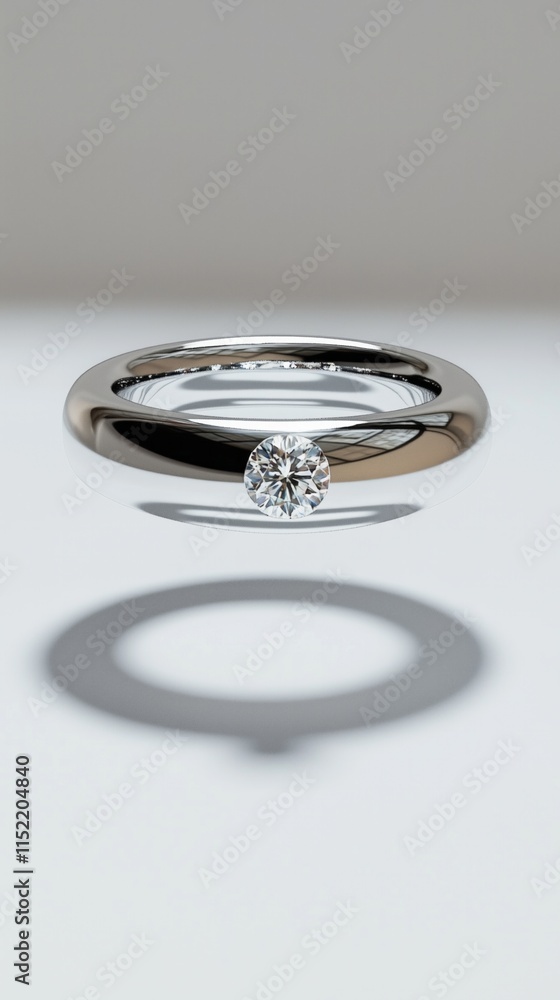 Elegant silver ring with floating diamond and shadow on neutral background Elegant silver ring with floating diamond and shadow on neutral background