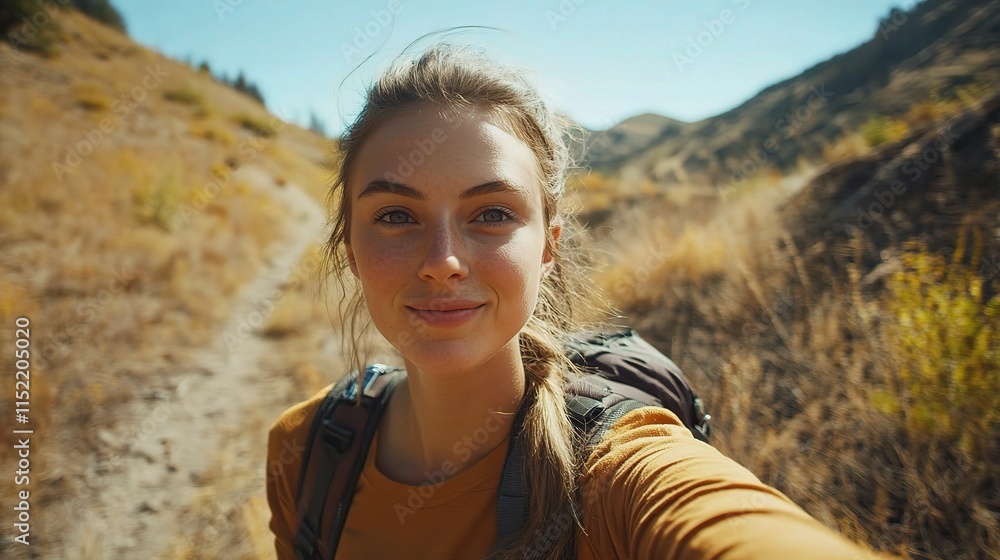 Young Woman Taking Selfie on Scenic Hiking Trail in Nature Young Woman Taking Selfie on Scenic Hiking Trail in Nature