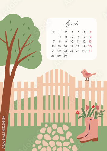 Calendar of april 2025 with hand drawn illistration inspired by nature and spring season. Week start from Monday. Poster with landscape of garden