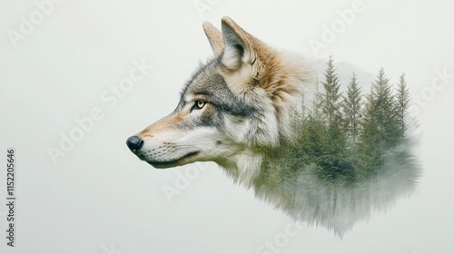 Wallpaper Mural Wolf in Enchanted Forest Double Exposure - Mystical wolf portrait, double exposure effect, blending wildlife with nature, symbolizing freedom, wilderness, magic, mystery, and connection. Torontodigital.ca