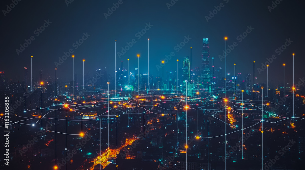 Naklejka premium Smart digital city with connection cyber security network reciprocity over the cityscape . future smart wireless digital city and social media networking systems that connects people within the city