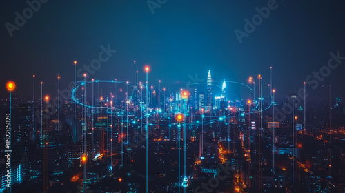 Wallpaper Mural Smart digital city with connection cyber security network reciprocity over the cityscape . future smart wireless digital city and social media networking systems that connects people within the city Torontodigital.ca