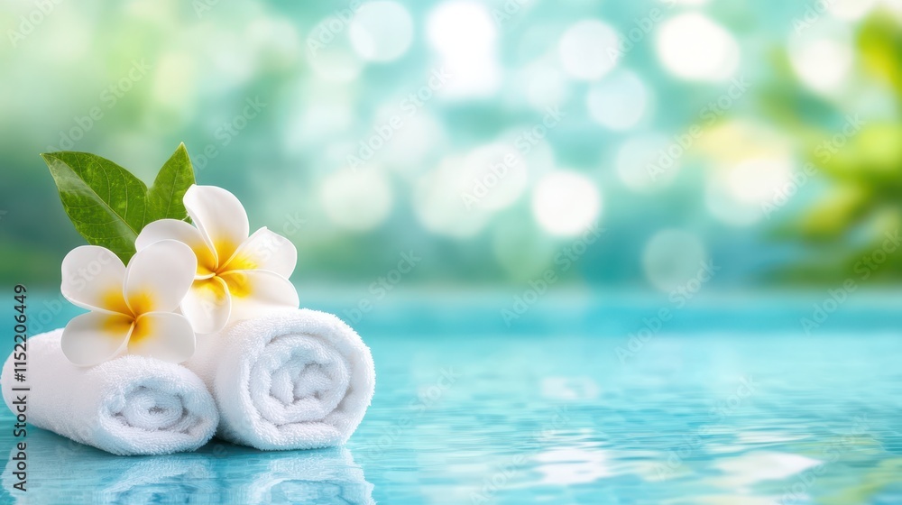 Serene spa escape, two plush towels with fran flowers on tranquil blue water Serene spa escape, two plush towels with fran flowers on tranquil blue water