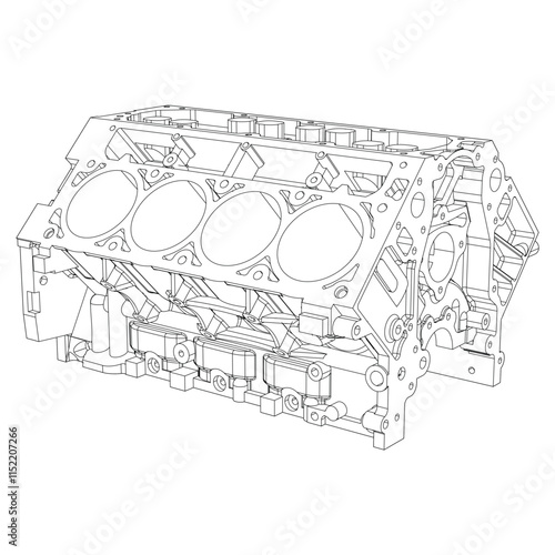 Engine block sketch. Vector illustration. Wire-frame style. The layers of visible and invisible lines are separated