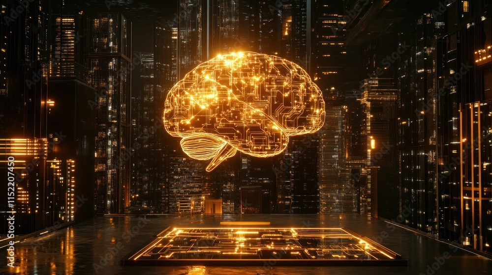 Obraz premium Glowing brain hologram over futuristic city at night.