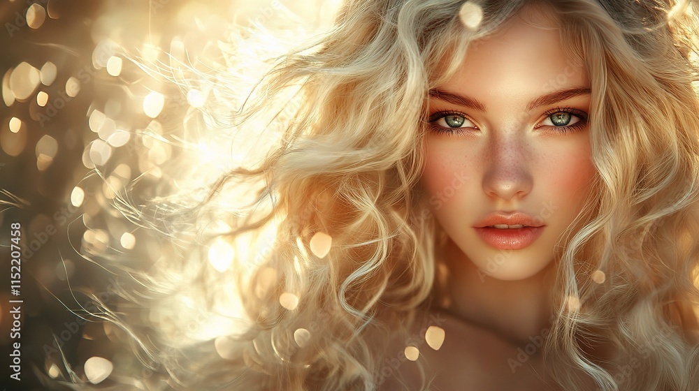 Fototapeta premium Beautiful Blonde Girl with Long Shiny Wavy Hair Posing Outdoors