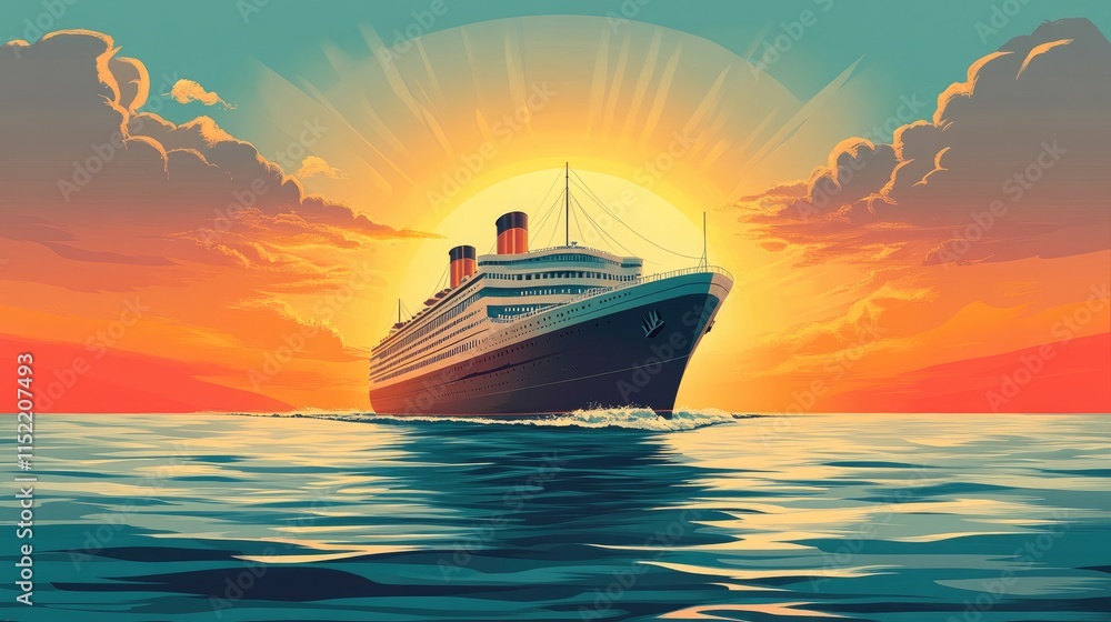 Majestic Ocean Liner Sailing Into Sunset Majestic Ocean Liner Sailing Into Sunset