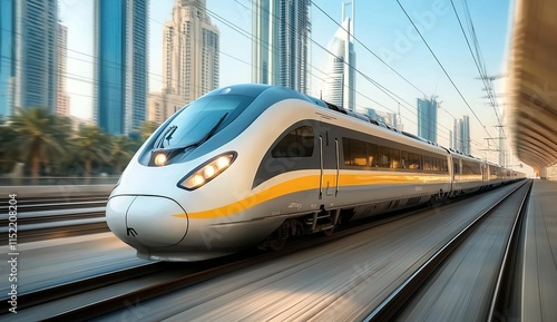 A photo of a modern high-speed train in motion, white and grey with a blue roof and yellow details on the front and side windows. photo