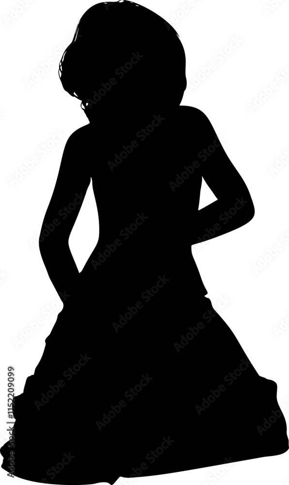 Abstract elegant silhouette of a woman wearing a long gown, exuding sophistication and charm. Ideal for fashion and artistic designs. Slim young woman in long dress posing, black silhouette.