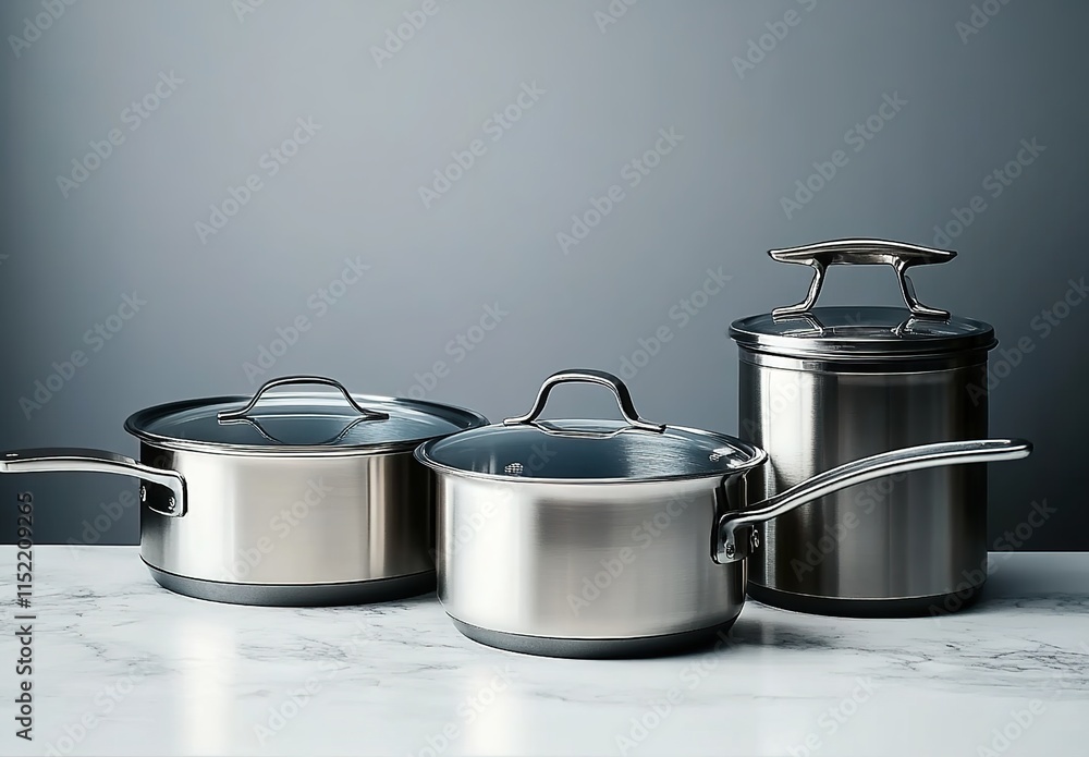 Stunning studio product photograph of stainless steel saucepans Stunning studio product photograph of stainless steel saucepans