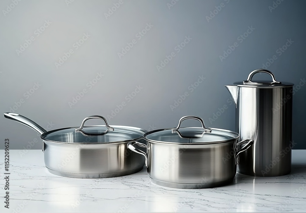 Stunning studio product photograph of stainless steel saucepans Stunning studio product photograph of stainless steel saucepans