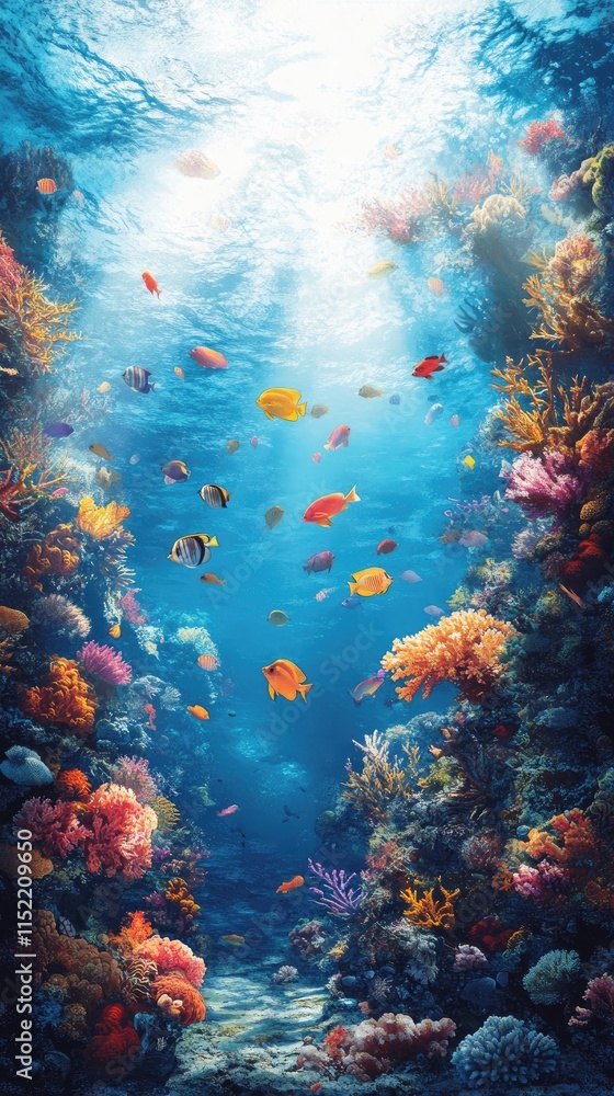 Fototapeta premium Vibrant Coral Reef Ecosystem With Colorful Fish Swimming