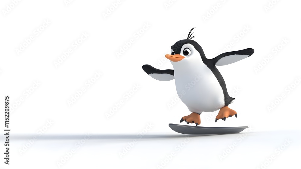 Obraz premium Adorable Penguin on a Surfboard in Playful Watercolor Style
